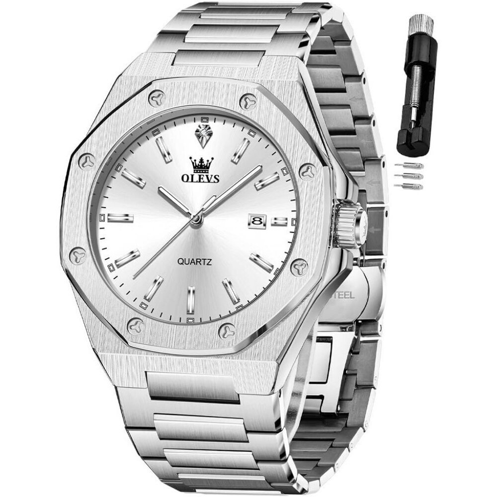 Olevs Men's Silver Stainless Steel Analog Luminous Waterproof Easy Wear Watch